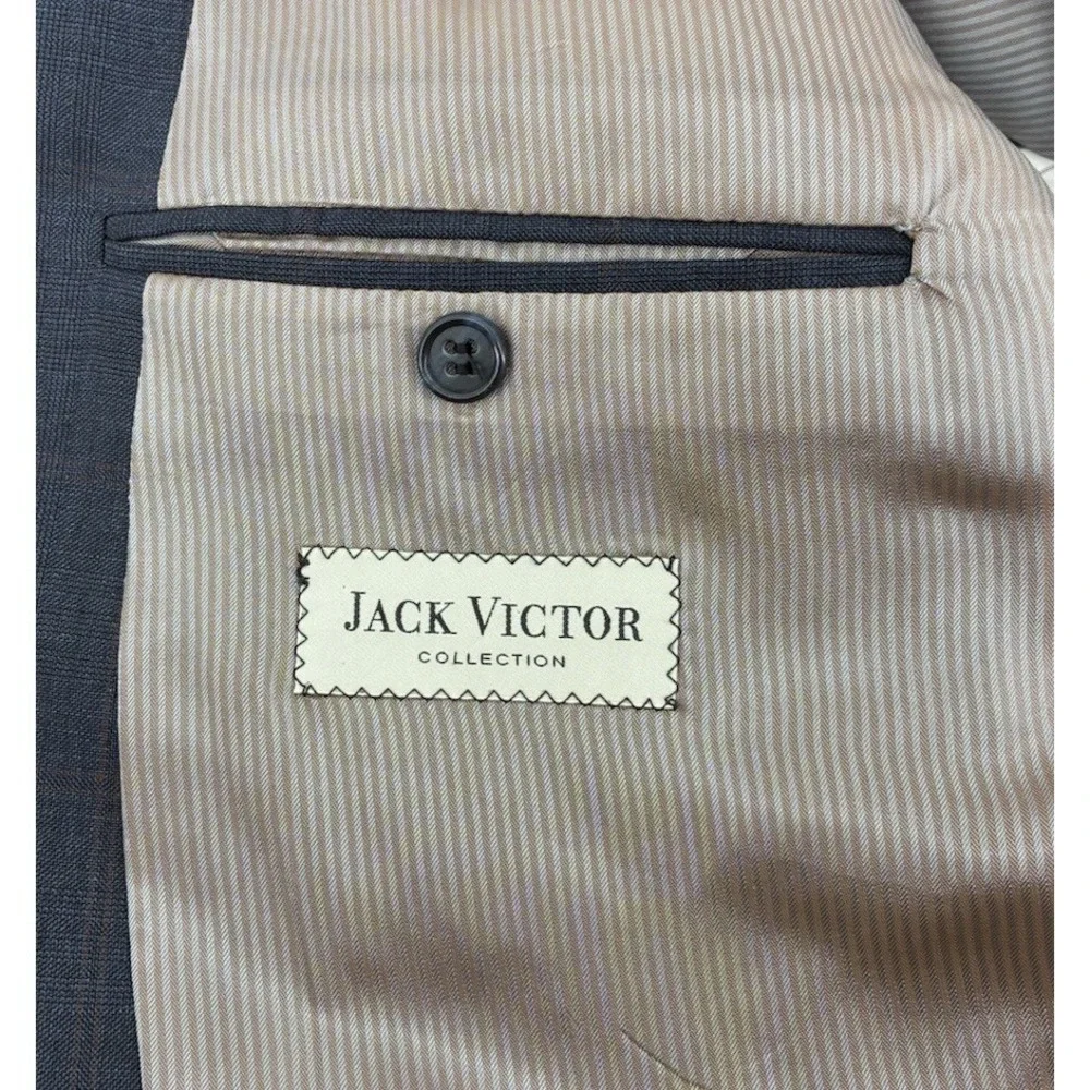 Jack Victor Super 110s Wool Suit Size 48XL Gray Windowpane Pleated Cuffs 42X34
